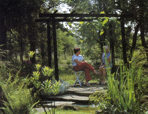 Очень естественно выглядит эта небольшая деревянная пергола, оптически связанная с посадками высоких деревьев. Она находится в полутени, поэтому для ее озеленения была выбрана вьющаяся Aristolochia durior