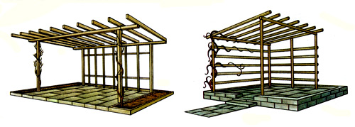 Две конструкции перголы (навеса), пригодные для места отдыха. Одна пергола сооружена из обтесанных стояков, другая — из кругляка. В обеих случаях в качестве строительного материала использовано дерево, которое лучше всего подходит для природных условий. Рядом высажены вьющиеся растения; разросшись, они создадут здесь приятную обстановку